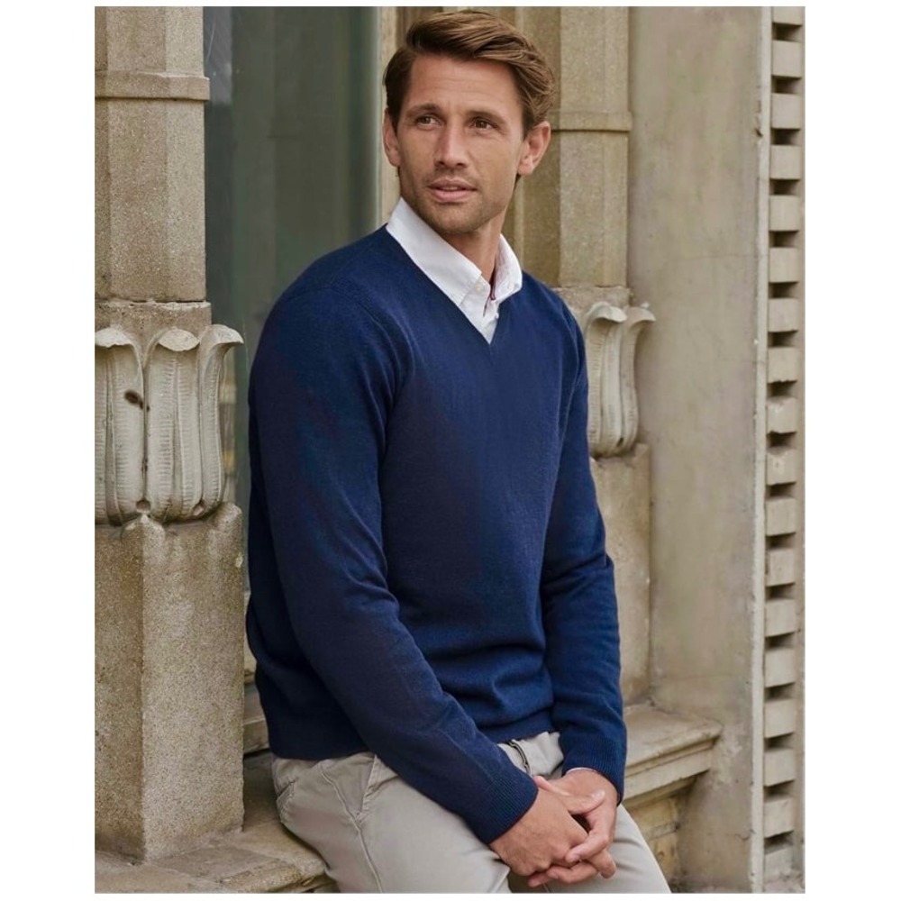 $270 Pure Collection Mens Navy Blue V Neck 100% Cashmere Sweater Size L